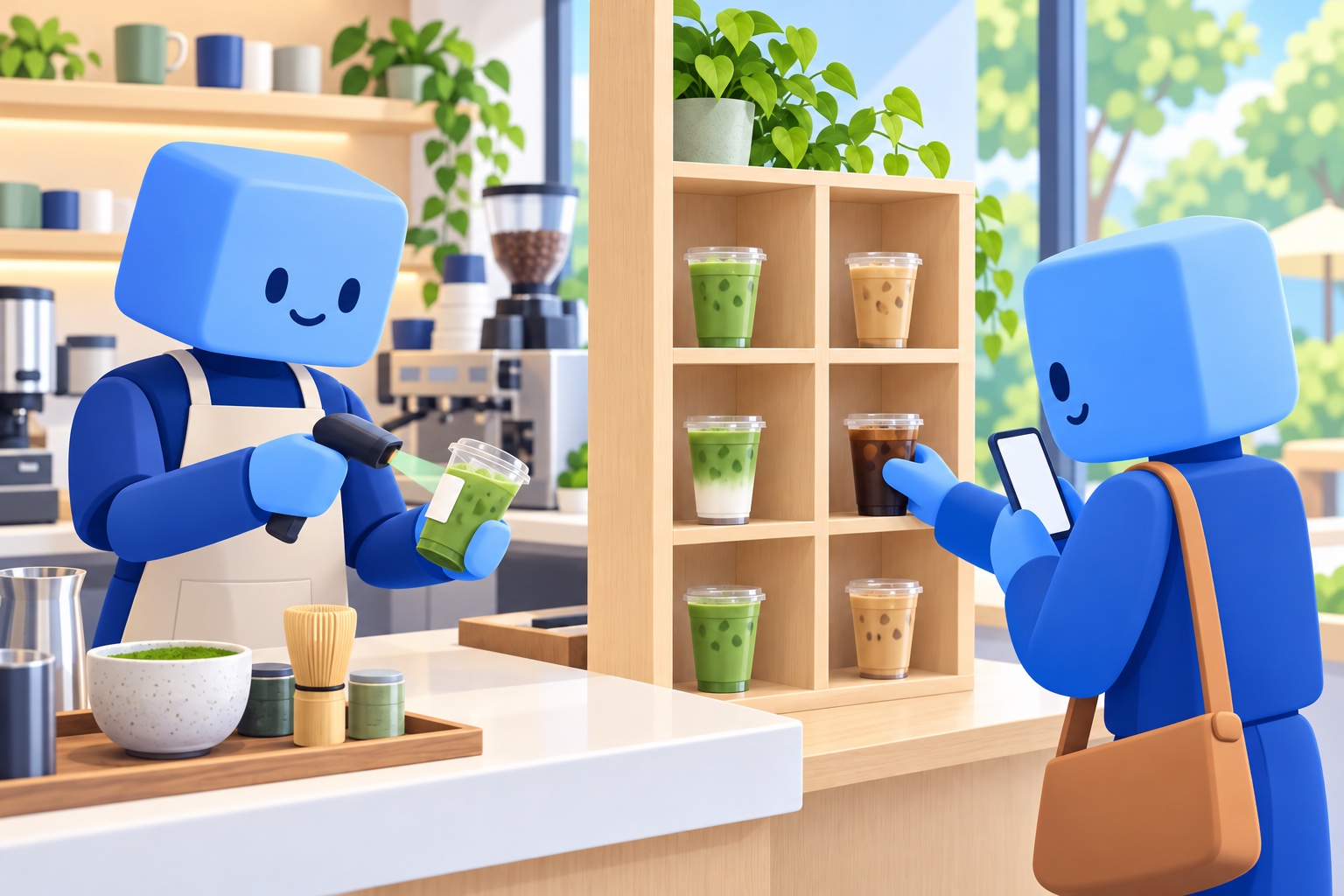Friendly blue box-person barista scans a matcha cup while a customer uses a phone to collect a drink from a self-pickup shelf.