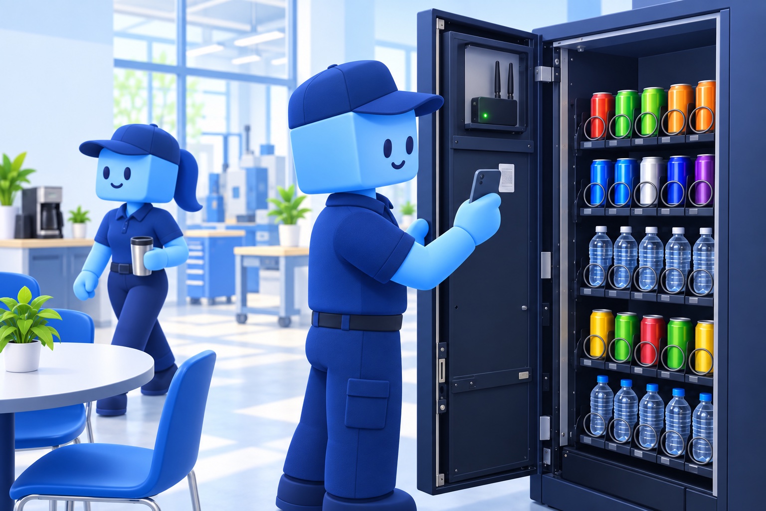 Friendly blue box-person route workers: one scans a vending machine while the other prepares to restock it; a small gateway light is on inside the machine.