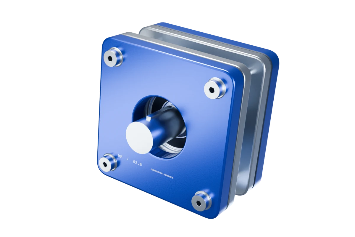 Original blue and machined-metal assembly with a central bearing, aligned plates and socket screws